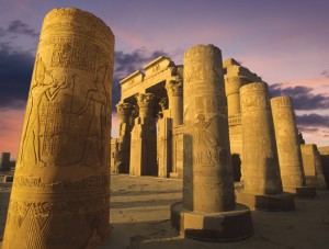 Kom Ombo temple at sunset on the Nile in Egypt