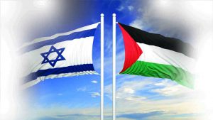 Israeli and Palestinian flags against of blue sky
